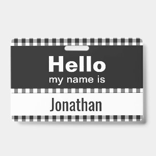Badge Bonjour Mon Nom Est - gingham noir et blanc