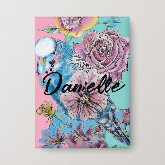 Badge Boucle à clé fleurie Rose Budgie Budgies bleu (Recto)