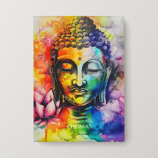 Badge Bouddha à l'aquarelle Arc-en-ciel Nom personnalisé (Recto)