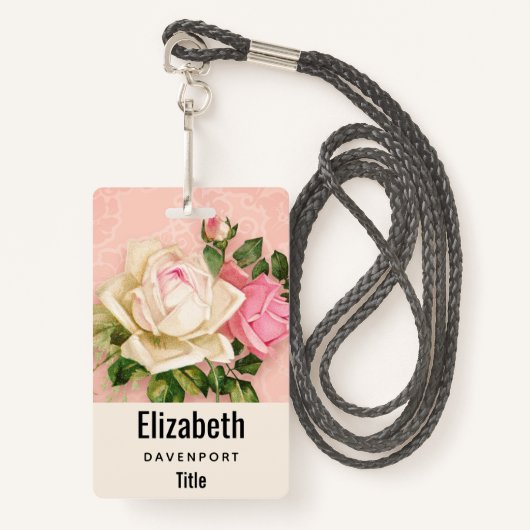 Badge Bouquet rose et rose blanche (Devant avec lanière)