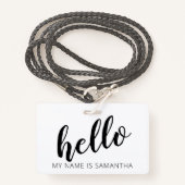 Badge Calligraphie moderne personnalisée Nom Bonjour (Devant avec lanière)