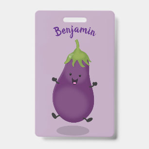 Badge Caricature d'aubergine d'aubergine joliment heureu