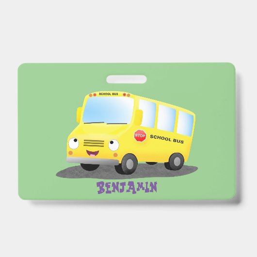 Badge Caricature du bus scolaire jaune joyeux (Front)