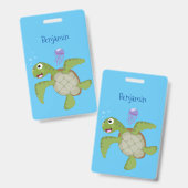 Badge Caricature joyeuse de tortue de mer verte mignonne (Avant & arrière)