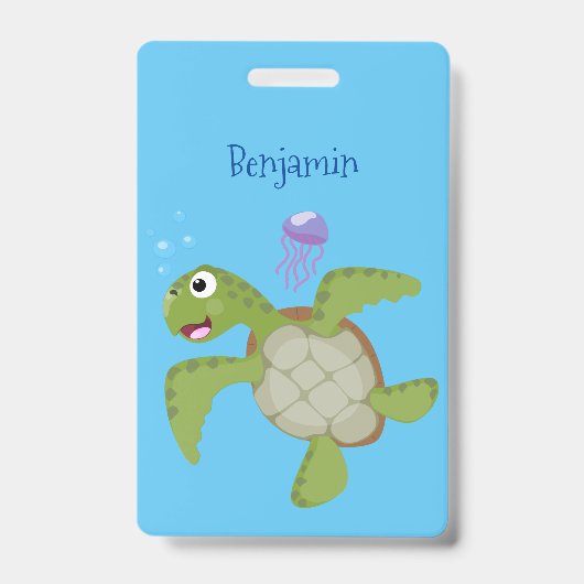Badge Caricature joyeuse de tortue de mer verte mignonne (Avant)