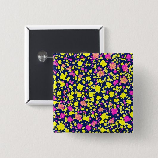 BADGE CARRÉ 5 CM 紺地に黄色とピンクの花模様　和風　着物柄 (Devant & derrière)