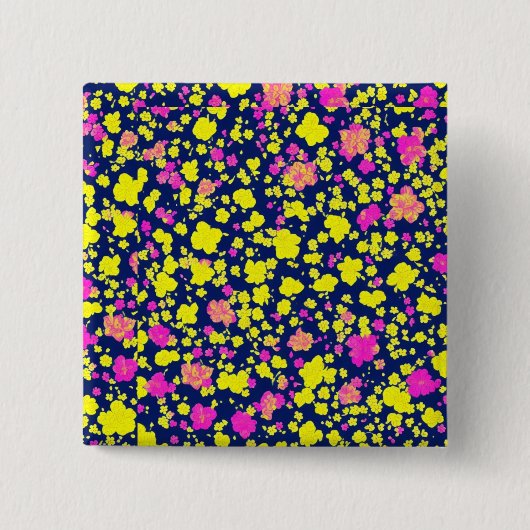 BADGE CARRÉ 5 CM 紺地に黄色とピンクの花模様　和風　着物柄 (Devant)