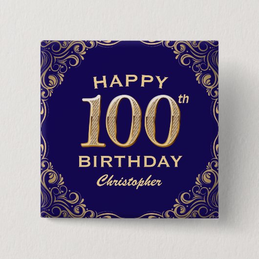 Badge Carré 5 Cm 100e anniversaire Parties scintillant bleu et or d (Devant)