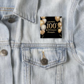 Badge Carré 5 Cm 100e fête d'anniversaire Ballons Noir et Or (En situation)
