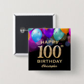 Badge Carré 5 Cm 100e fête d'anniversaire Ballons Noir et Or (Devant & derrière)