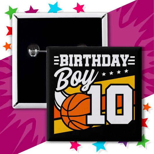 Badge Carré 5 Cm 10 ans Basketball Party 10e anniversaire garçon