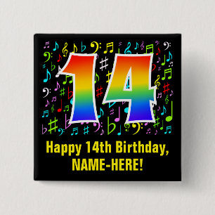 Badge Carré 5 Cm 14e anniversaire : Symboles de musique colorée, A