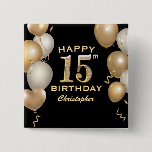 Badge Carré 5 Cm 15e anniversaire de la fête Ballons Noir et Or