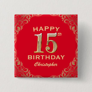Badge Carré 5 Cm 15e anniversaire Parties scintillant rouge et or c