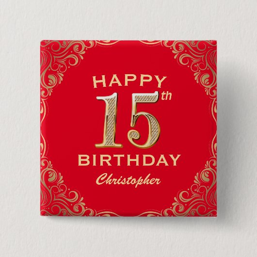 Badge Carré 5 Cm 15e anniversaire Parties scintillant rouge et or c (Devant)
