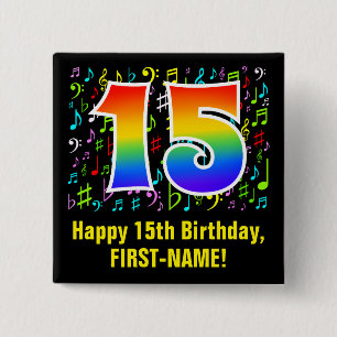 Badge Carré 5 Cm 15e anniversaire : symboles musicaux colorés, arc-