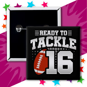 Badge Carré 5 Cm 16 ans Tackle Football Party 16e anniversaire