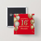 Badge Carré 5 Cm 16e Anniversaire des Ballons Rouge et Or (Devant & derrière)