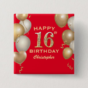 Badge Carré 5 Cm 16e Anniversaire des Ballons Rouge et Or
