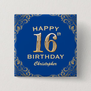 Badge Carré 5 Cm 16e anniversaire Parties scintillant bleue et or c