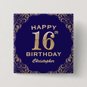 Badge Carré 5 Cm 16e anniversaire Parties scintillant marine bleu e