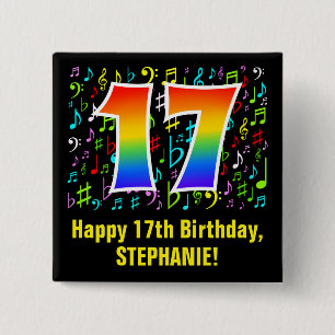 Badge Carré 5 Cm 17e anniversaire : Symboles de musique colorée, A