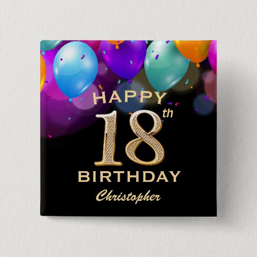 Badge Carré 5 Cm 18e fête d'anniversaire Ballons noirs et or (Devant)