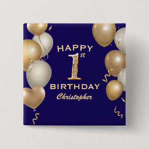 Badge Carré 5 Cm 1er Anniversaire Marine Bleu et Ballons d'or
