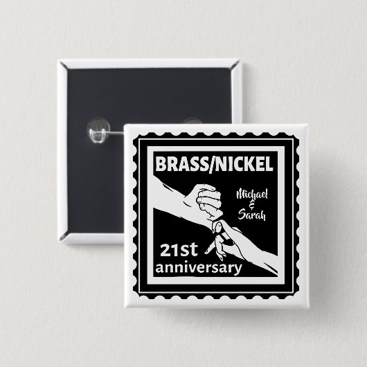 Badge Carré 5 Cm 21e anniversaire mariage laiton nickel traditionne (Devant & derrière)
