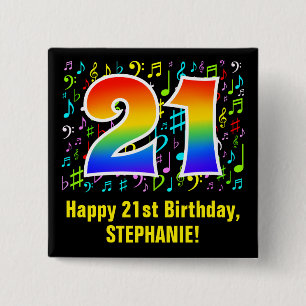 Badge Carré 5 Cm 21e anniversaire : Symboles de musique colorée, Ar
