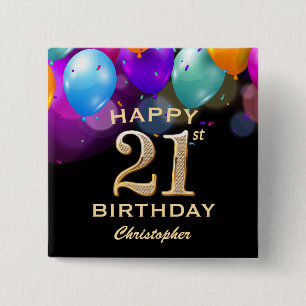 Badge Carré 5 Cm 21e fête d'anniversaire Ballons Noir et Or