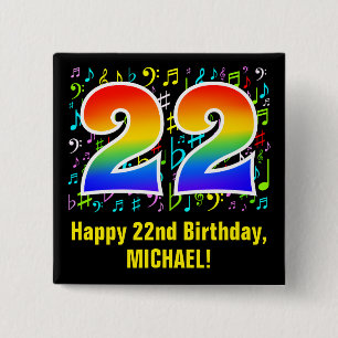 Badge Carré 5 Cm 22e anniversaire : Symboles de musique colorée, A