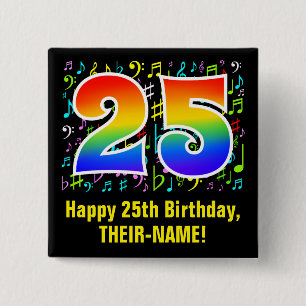 Badge Carré 5 Cm 25e anniversaire : Symboles de musique colorée, Ar