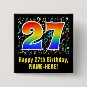 Badge Carré 5 Cm 27e anniversaire : Symboles de musique colorée, A
