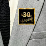 Badge Carré 5 Cm 30e anniversaire noir or musique notes nom<br><div class="desc">Élégant arrière - plan de couleur noire avec des notes de musique faux or et un cadre en faux or pour une fête de 30e anniversaire pour lui et elle. Modèles pour l'âge et le nom. Lettres d'or et nombre.</div>