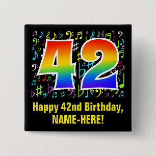 Badge Carré 5 Cm 42e anniversaire : Symboles de musique colorée, Ar