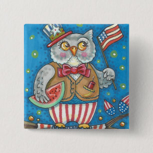 Badge Carré 5 Cm 4 juillet HOT OWL, Carré DE BOUTON OISEAU