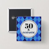 Badge Carré 5 Cm 50e anniversaire Cool bleu fantastique (Devant & derrière)