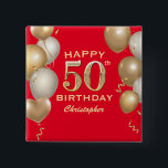 Badge Carré 5 Cm 50e Anniversaire des Ballons Rouge et Or<br><div class="desc">50e Anniversaire Rouge et or Ballons et Bouton Confetti. Pour plus de personnalisation,  cliquez sur le bouton "Customiser" et utilisez notre outil de conception pour modifier ce modèle.</div>