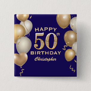 Badge Carré 5 Cm 50e Anniversaire Marine Bleu et Ballons d'or