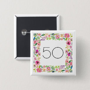 Badge Carré 5 Cm 50e Anniversaire Rose Floral Carré Son Beau