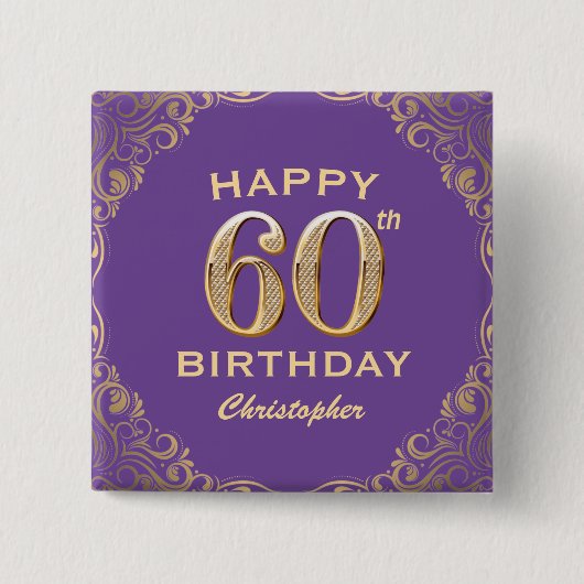 Badge Carré 5 Cm 60e anniversaire fête violet et Parties scintillan (Devant)