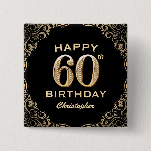 Badge Carré 5 Cm 60e anniversaire Parties scintillant noir et or ca (Devant)