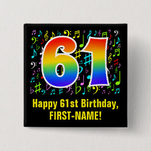 Badge Carré 5 Cm 61e anniversaire : Symboles de musique colorée, Ar