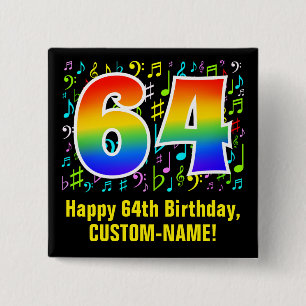 Badge Carré 5 Cm 64e anniversaire : Symboles de musique colorée, Ar