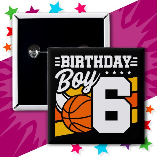 Badge Carré 5 Cm 6 ans Basketball Party Thème 6e anniversaire garço