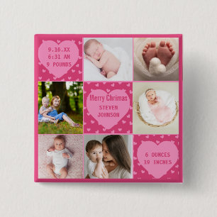 Badge Carré 5 Cm 6 Collage photo Cœur rose nouveau né État de naiss