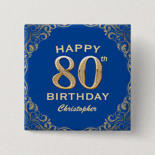 Badge Carré 5 Cm 80e anniversaire Parties scintillant bleue et or c