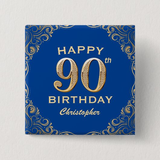 Badge Carré 5 Cm 90e anniversaire Parties scintillant bleue et or c (Devant)