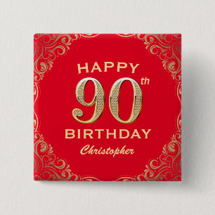 Badge Carré 5 Cm 90e anniversaire Parties scintillant rouge et or